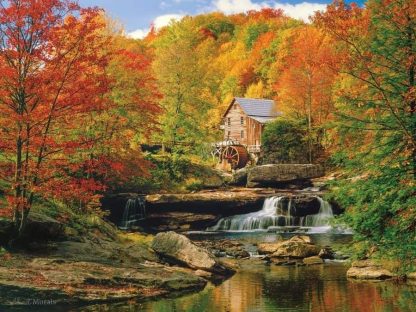 Watermill Wallpaper is a photo wall mural that features the historic Glade Creek Grist Mill set against fall trees. Autumn forest wallpaper sold by AboutMurals.ca.
