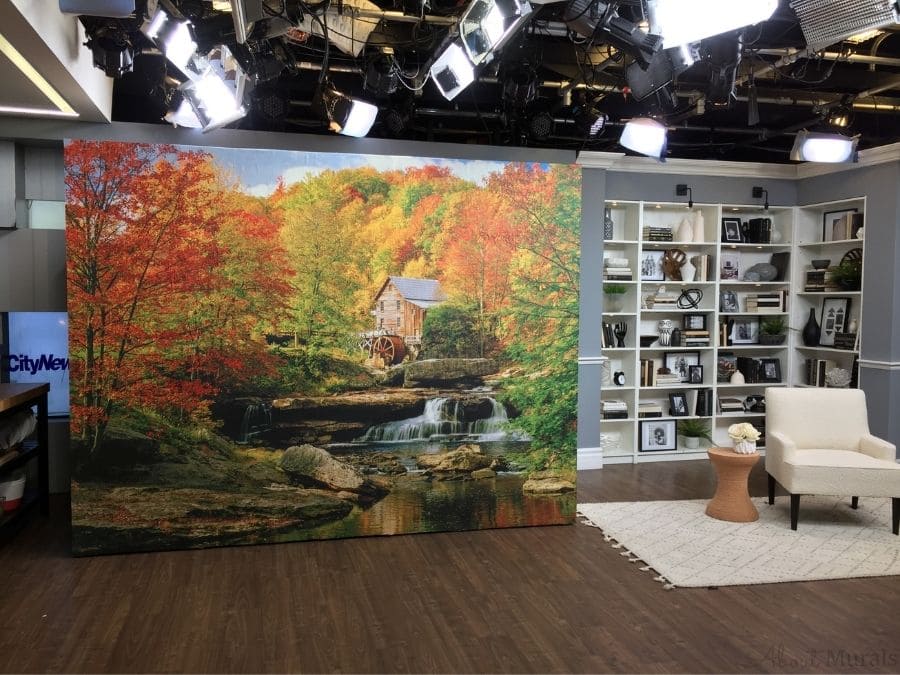 Watermill Wallpaper, as seen on Cityline, features an old mill in an orange fall forest from About Murals.