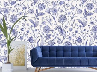 Blue Toile Wallpaper creates a timeless, chic feeling with its hydrangea, peony, tulip and lily flowers. Blue floral wallpaper sold by AboutMurals.ca.