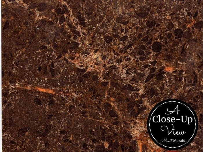A close-up view of a dark brown marble wallpaper showing gold and orange veining from About Murals.