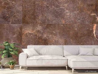 Dark Brown Marble Wallpaper, as seen on the wall of this living room, features large marble tiles in a bronze colour with orange and gold veining throughout. Marble wall murals sold by AboutMurals.ca