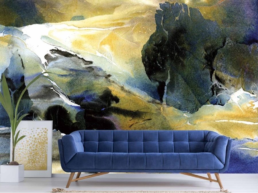 Blue and Gold Abstract Wallpaper, as seen on the wall of this living room, is a watercolor mural with grey yellow royal blue and black paint from About Murals.