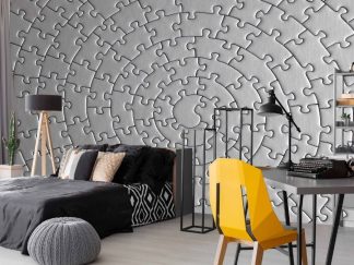 Grey Puzzle Wallpaper, as seen on the walls of this bedroom, features puzzle pieces in a round jigsaw puzzle from About Murals.