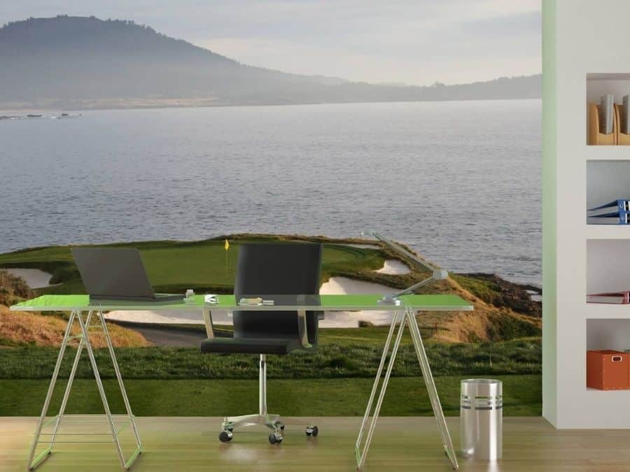 Pebble Beach Wallpaper, as seen on the wall of this office, features famous hole #7 on a golf course from About Murals.