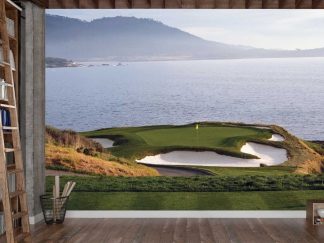 Pebble Beach Wallpaper, as seen on the wall of this office, is a golf mural featuring hole 7 overlooking Carmel Bay from About Murals.