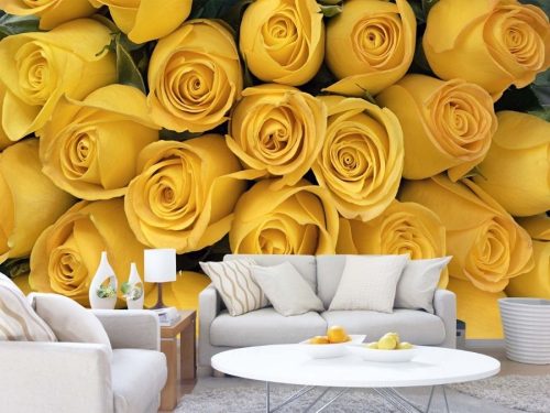 Yellow Roses Wallpaper, as seen on the wall of this living room, features a close-up view of oversized flowers from About Murals.