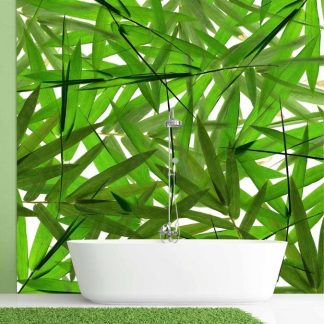 Bamboo Leaf Wallpaper, as seen on the wall of this bathroom, features large, overlapping bamboo leaves from About Murals.