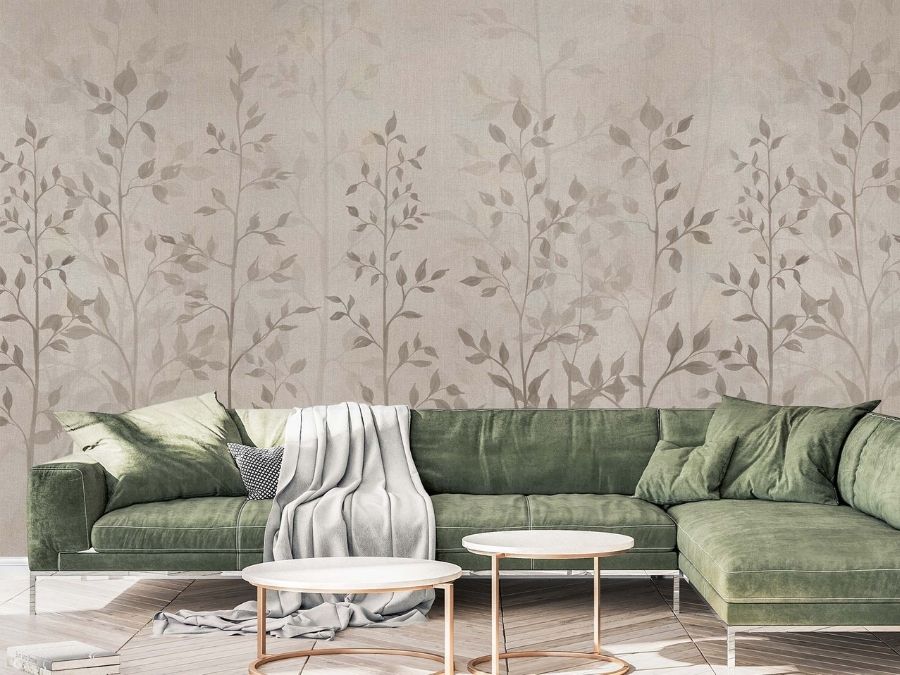 Beige Leaf Wallpaper, as seen on the wall of this living room, features tall, leafy plants on a tan burlap textured background from About Murals.