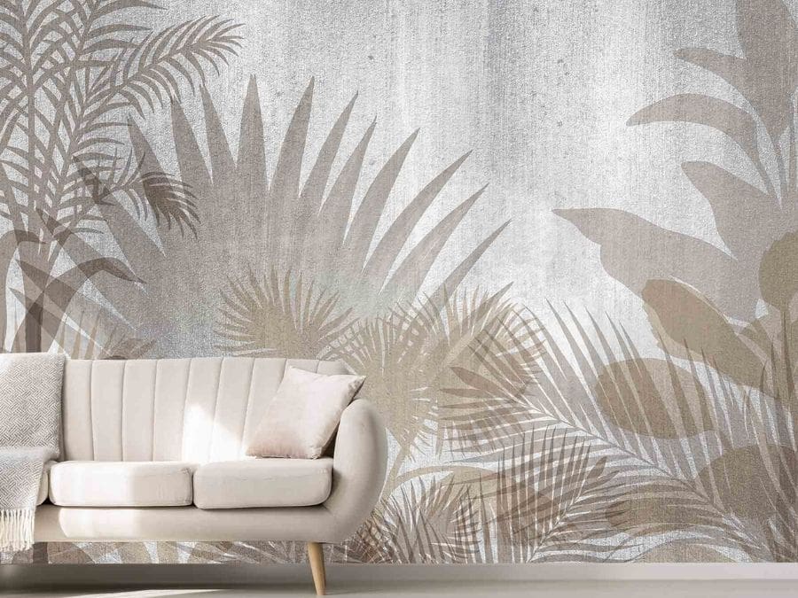 Beige Tropical Wallpaper, as seen on the wall of this beige living room, features leaf silhouettes on a textured background from About Murals.