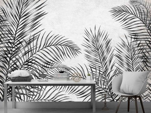 Black and White Leaf Wallpaper, as seen on the wall of this dining room, features black palm leaves on a light background from About Murals.