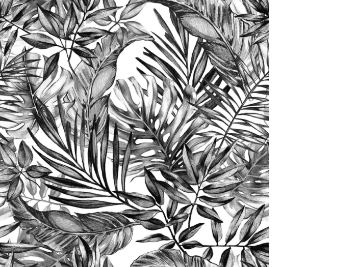 Black and White Tropical Wallpaper features black leaves on a white background from About Murals.