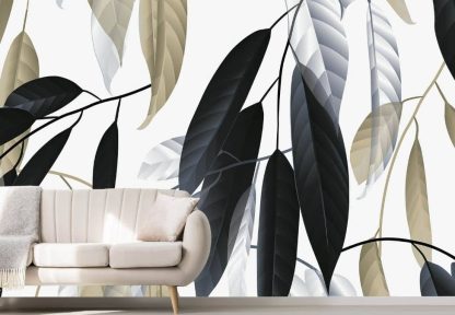 Grey and Gold Leaf Wallpaper, as seen on the wall of this living room, features simple gum leaves in black, gray and gold from About Murals.
