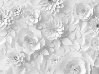 Paper Flower Wallpaper is a white flower mural featuring paper roses, gerberas and dahlias from About Murals.