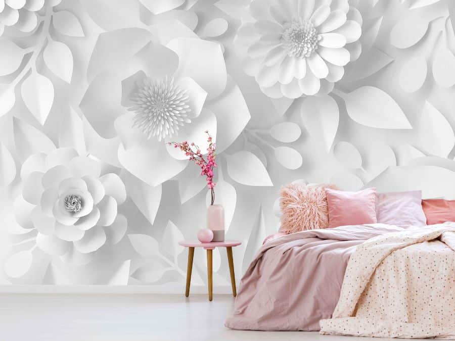 Paper Flower Wallpaper, as seen on the wall of this girls room, is a floral mural with white, cute paper flowers from About Murals.