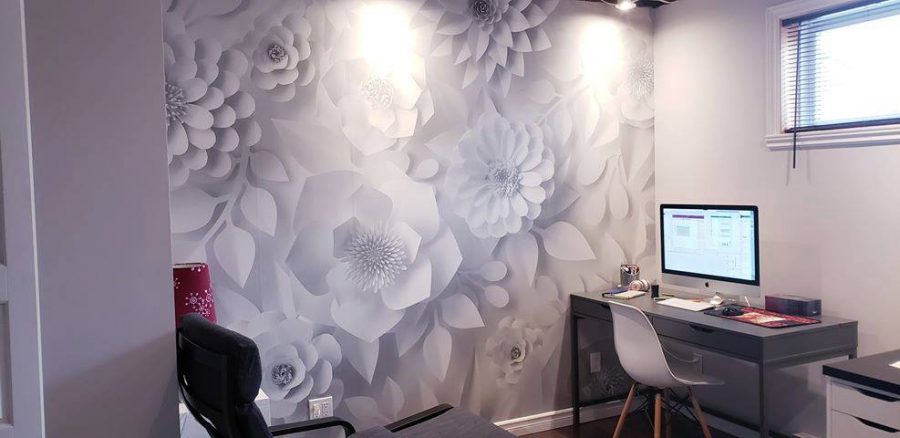 Paper Flower Wallpaper, as seen on the wall of this office, is a white flower wall mural from About Murals.