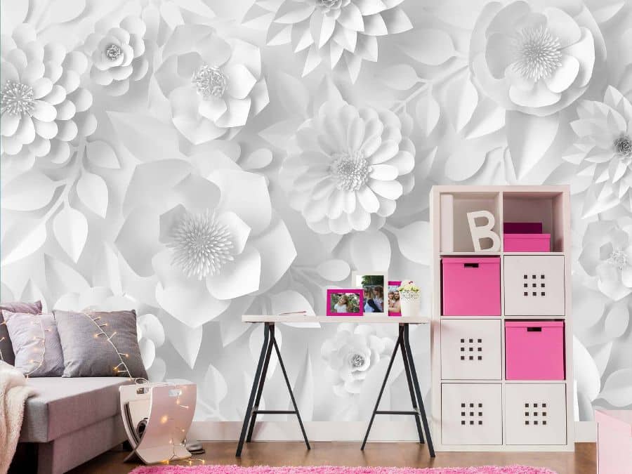 Paper Flower Wallpaper, as seen on the wall of this playroom, is a flower mural that offers a simple, cute room decor from About Murals.
