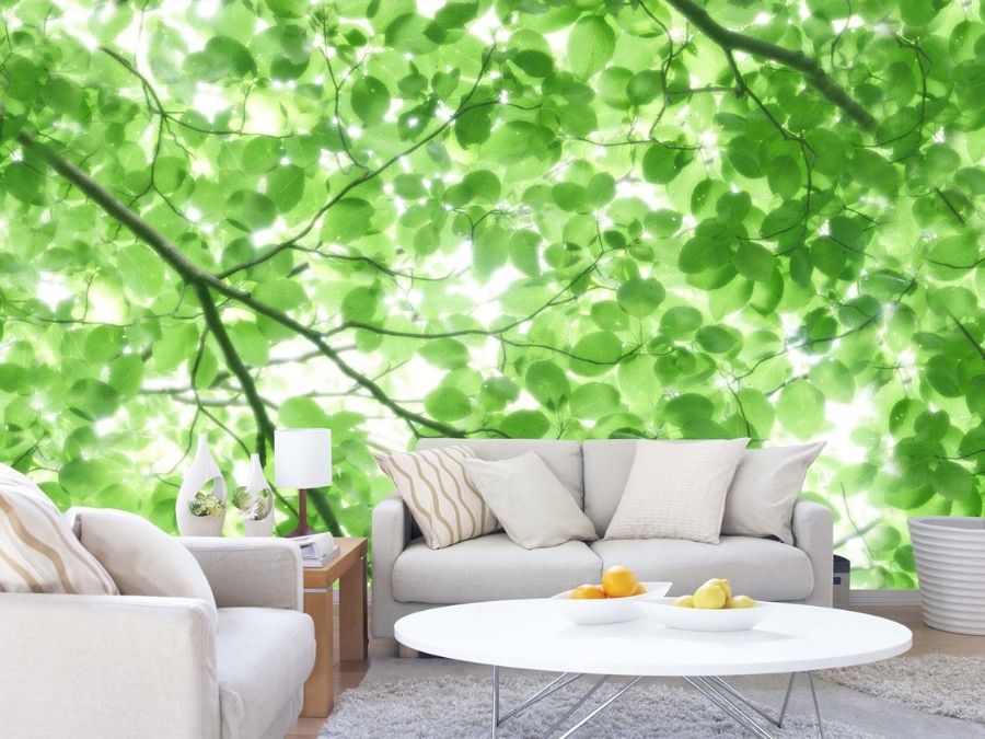 Tree Leaves Wallpaper, as seen on the wall of this living room, features green aspen leaves on a tree from About Murals.