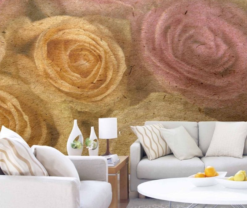 Yellow and Pink Roses Wallpaper, as seen on the wall of this living room, features soft, large roses from About Murals.