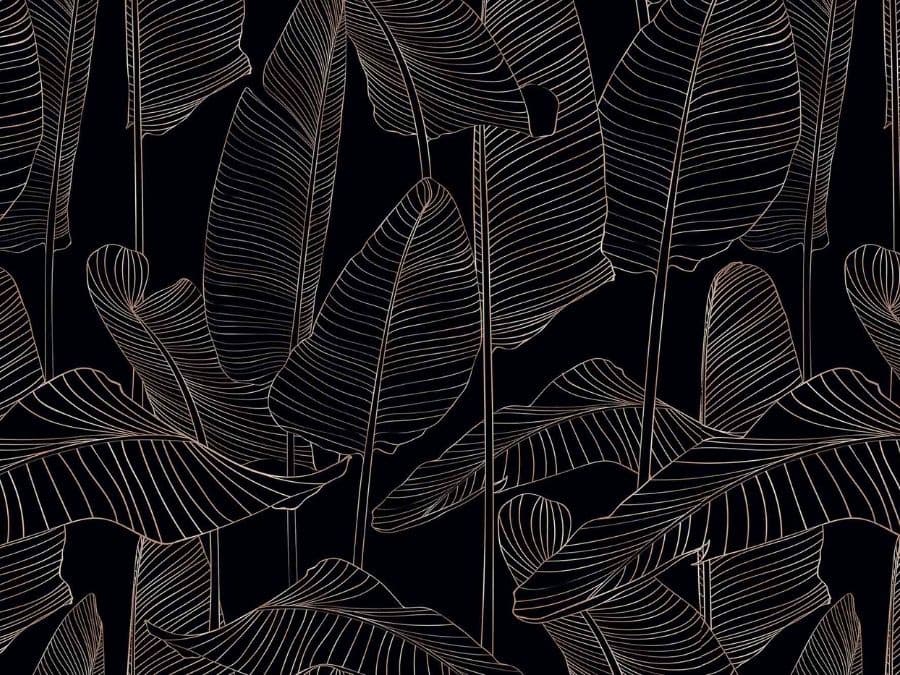 Black and Gold Leaf Wallpaper features simple gold banana leaves on a black background from About Murals.