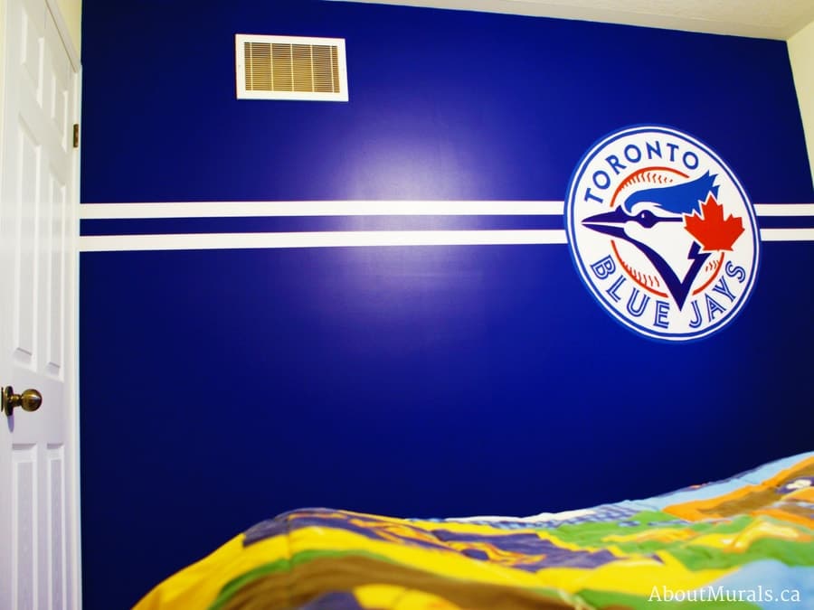 Blue Jays Wall Mural, hand-painted by Adrienne of About Murals in Binbrook, Ontario, features the sports team logo.