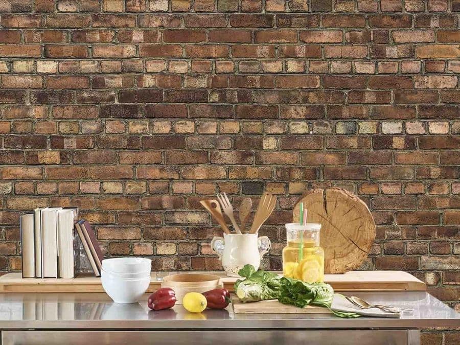 Brown Brick Wallpaper, as seen on the wall of this kitchen, features realistic, textured looking bricks from About Murals.