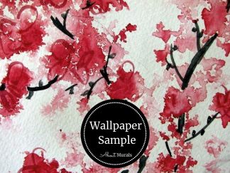 Cherry Blossom Art Mural features pink watercolor flowers on a white canvas. Wallpaper samples available from About Murals.