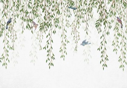 Willow Wallpaper features oriental birds flying in dangling leaves on a white canvas background from About Murals.