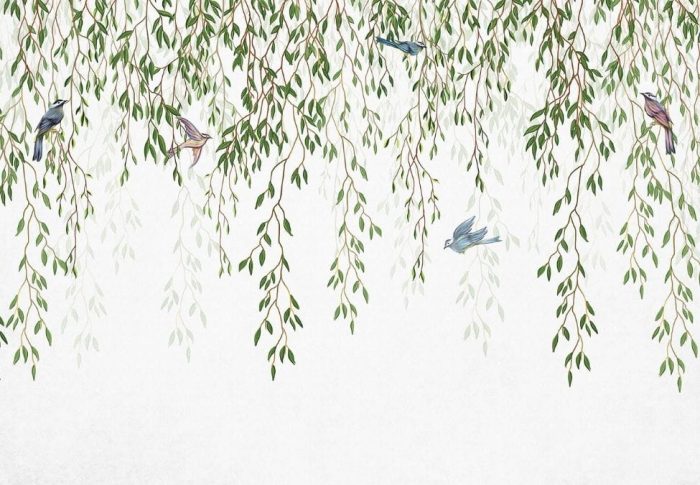 Willow Wallpaper features oriental birds flying in dangling leaves on a white canvas background from About Murals.
