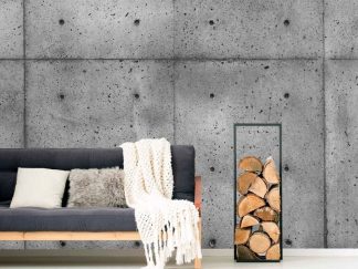 Concrete Wall Wallpaper, as seen in this rustic living room, is a photo mural of a grey concrete wall from About Murals.