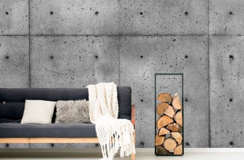 Concrete Wall Wallpaper, as seen in this rustic living room, is a photo mural of a grey concrete wall from About Murals.