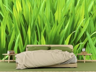 Grass Wall Wallpaper, as seen on the wall of this bedroom, is a photo mural of textured, large blades of green grass from About Murals.