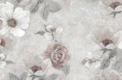 Gray Flower Wallpaper features large roses and peonies on a grey crackle backdrop from About Murals.