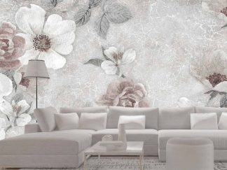 Gray Flower Wallpaper, as seen on the wall of this living room, features single petal roses and peonies on a crackled background from About Murals.