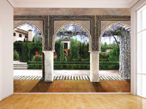 Italian Villa Wallpaper, as seen on the wall of this hallway, is a wall mural of terrace arches looking over a garden with floral vines, cypress trees and topiary from About Murals.
