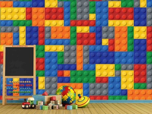 Lego Wallpaper, as seen on the wall of this Lego themed room, is a mural of colorful building blocks from About Murals.
