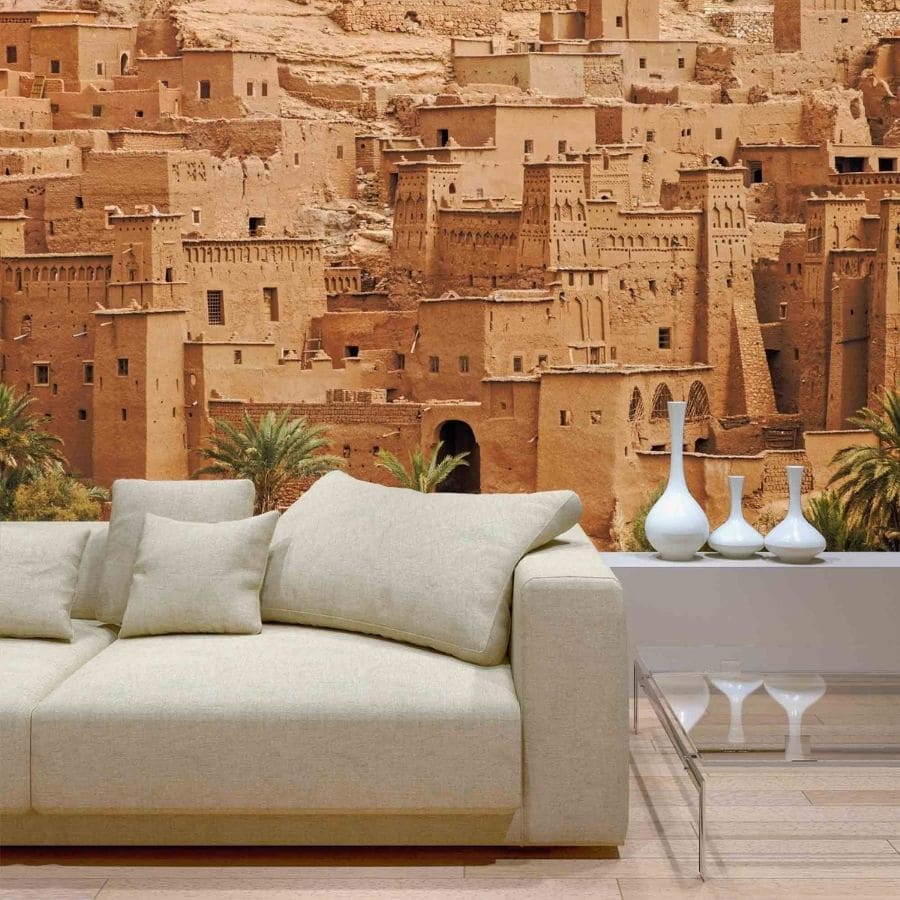 Morocco Wallpaper, as seen on the wall of this room, is a wall mural of a clay village called Ait-Ben-Haddou in Morocco from About Murals.