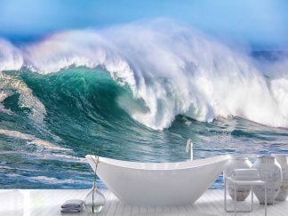 Ocean Wave Wallpaper, as seen on the wall of this surfing themed bathroom, is a photo mural of a white and teal crashing wave from About Murals.