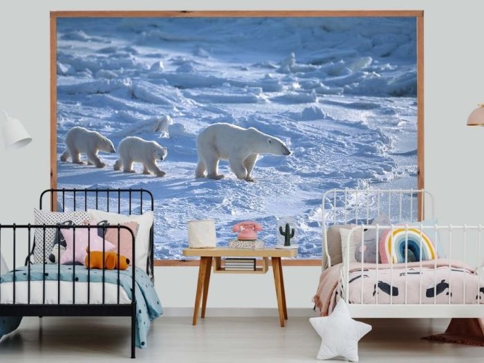 Polar Bear Wallpaper, as seen on the wall of this polar bear themed bedroom, is a photo mural of two baby cubs walking behind their white mother on snow and ice from About Murals.