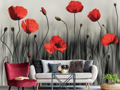 Poppy Wallpaper, as seen on the wall of this living room, features large red poppies on a grey background from About Murals.