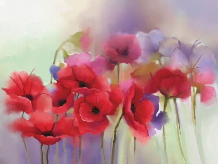 Watercolor Poppy Wallpaper is a floral mural with purple and red flowers on a yellow background sold by About Murals