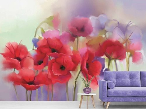 Watercolor Poppy Wallpaper, as seen on the wall of this living room, features red and purple flowers on a yellow background from About Murals.