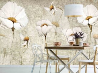 White Poppy Wallpaper, as seen on the wall of this dining room, features white flowers on a beige background from About Murals.