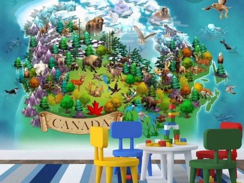 Animal Map Wallpaper, as seen on the wall of this kids room, features Canadian wildlife like a polar bear, grizzly bear, moose, deer, seal, beaver, racoon, bison, wolf, duck and fox from About Murals.