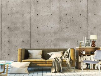 Beige Concrete Wallpaper, as seen on the wall of this living room, is a photo mural of a sand coloured concrete wall with tie holes from About Murals.