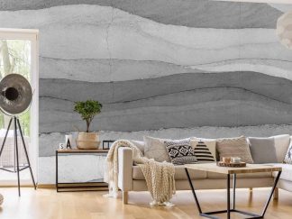 Concrete Effect Wallpaper, as seen on the wall of this living room, is a photo mural with horizontal layers of concrete from About Murals.