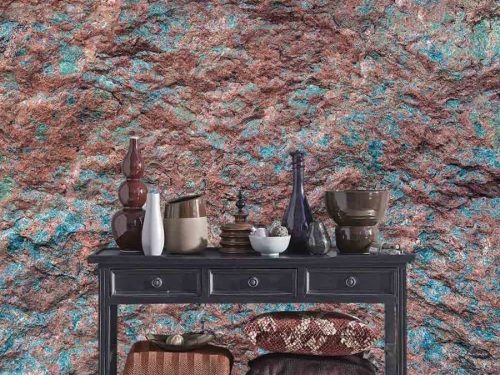 Copper and Teal Stone Wallpaper, as seen on the wall of this kitchen, is a photo mural of a pastel rock face wall from About Murals.