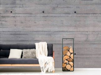 Faux Concrete Wallpaper, as seen on the wall of this living room, is a photo mural of a wood texture concrete wall from About Murals.