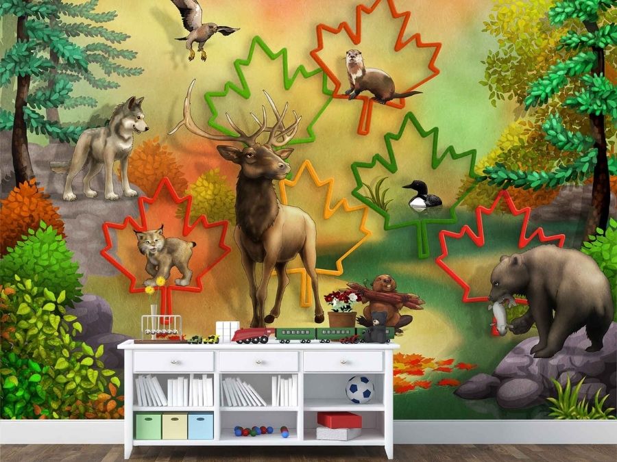 Forest Animal Wallpaper, as seen on the wall of this kids room, features Canadian wildlife on a maple leaf background. Children enjoy a moose, grizzly bear, beaver, loon, hawk, otter, lynx and wolf from About Murals.