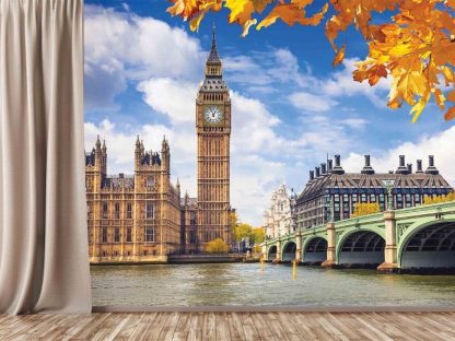 London Wallpaper, as seen on the wall of this living room, is a photo mural of Big Ben, Palace of Westminster, Westminster Bridge and River Thames from About Murals.