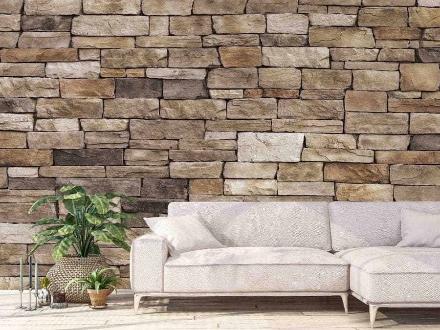 Stone Look Wallpaper, as seen on this living room wall, is a photo mural of beige stacked stones from About Murals.